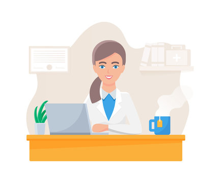 Vector illustration of a medical doctor sitting at the table