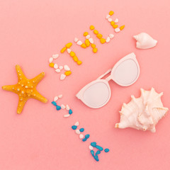 Beach style. Shells. Sunglasses. Minimal art fashion design