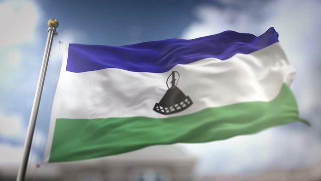Lesotho Flag Waving Slow Motion 3D Rendering Blue Sky Background - Seamless Loop 4K