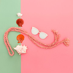 Set shells. Rope. Sunglasses. Ocean style. Minimal art fashion design