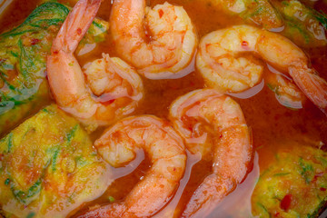 close up Sour soup with shrimp and Acacia Pennata omelette