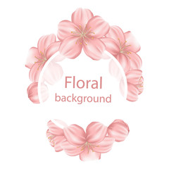 Vector card or banner with japanese cherry blossom. Pink sakura flowers wreath, round frame, border for  text. Isolated on white background. Seasonal poster with tree blooming
