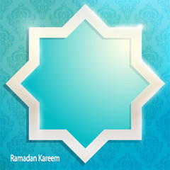 Ramadan greeting card on turquoise background. Vector illustration with octagonal star. Ramadan Kareem means Ramadan is generous.