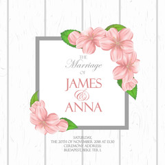 Marriage invitation card with blooming cherry flowers and leaves frame over wooden background. Vector illustration.