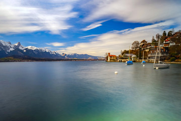 Calm place on Thun lake, Switzerland, springtime