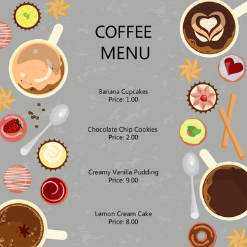 Main restaurant menu template with different Cups of coffee and sweets. Vector illustration eps 10