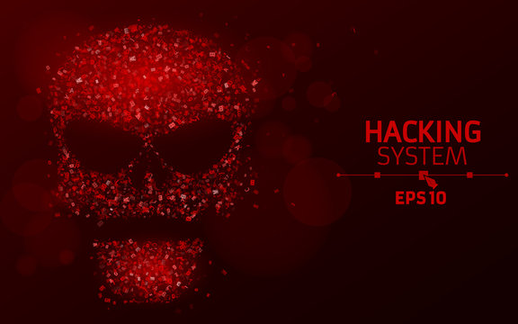 Hacking system. Abstract, luminous skull of red color from programming symbols. Hexadecimal number system. The data is under threat. Vector illustration