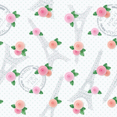 Romantic seamless pattern with Eiffel tower, stamps and roses. For print and web.