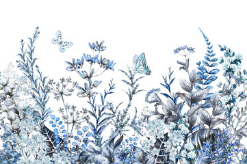 Fototapety  Niebieska obręcz bezszwowa. Granica z ziołami i dzikimi kwiatami, liśćmi. Ilustracja botaniczna Kolorowe ilustracji na białym tle. Wiosenna kompozycja z motylem