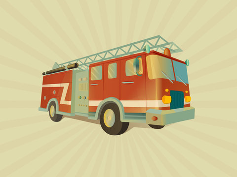 Transport. Isolated red fire engine on four wheels, illuminated with a light of fire.  Detailed image of firefighting vehicle. Main device of firefighters in cartoon style. Vector.