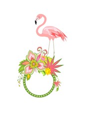 Frame with exotic flowers and pink flamingo