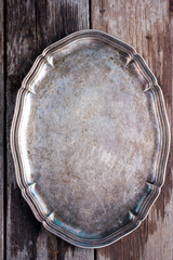 Old vintage tray, top view, background