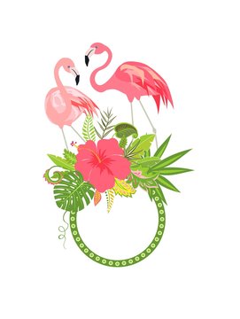 Cute frame with hibiscus and lovely pair of pink flamingo