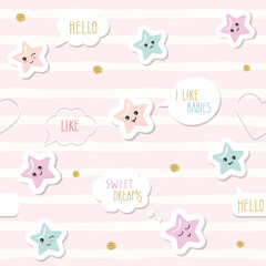 Cute seamless pattern background with cartoon kawaii stars and speech bubbles. For little girls babies clothes, pajamas, baby shower design. Pastel pink and glitter.