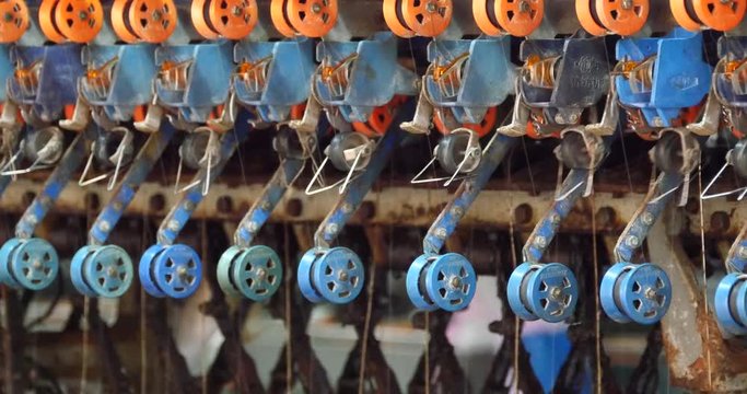 4k A spinning machine collect the silk threads in Reeling machine & Textile-machine in operation.