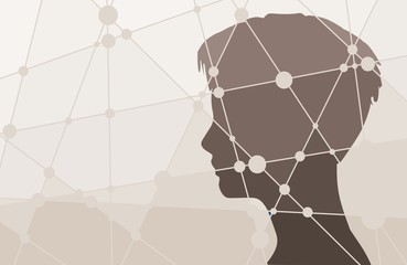 Silhouette of a woman's head. Mental health relative vector brochure, report or flyer design template. Scientific medical designs. Molecule And Communication Background. Connected lines with dots.