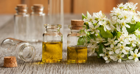Two bottles of essential oil with white blossoms