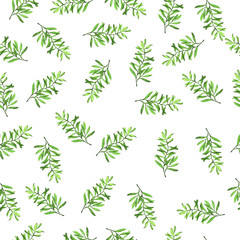 Seamless pattern with green leaves painted by watercolor. Hand drawn illustration.