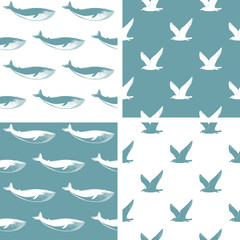 Set of nautical seamless patterns with seagulls and whales.Vector.
