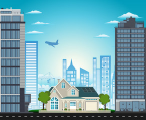 The big house in the city house between skyscrapers vector illustration. 