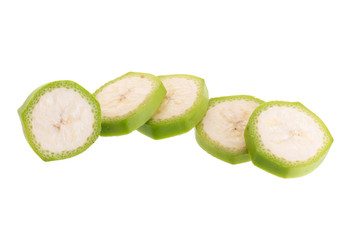 Cut of green bananas isolated on white background.