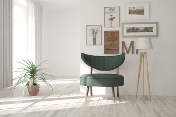 White modern room with armchair. Scandinavian interior design. 3D illustration