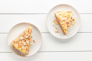 Almond cake with caramel, soft focus, horizontal, top view
