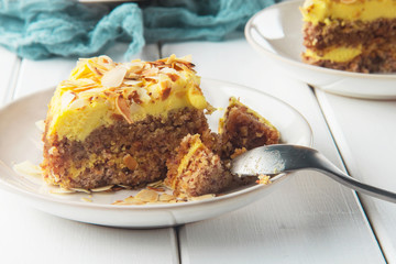 Almond cake with caramel, selective focus, horizontal
