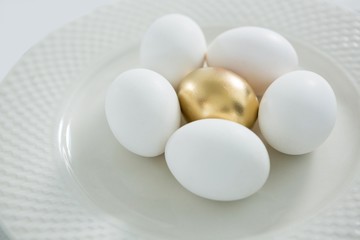 Golden Easter egg with white eggs in plate