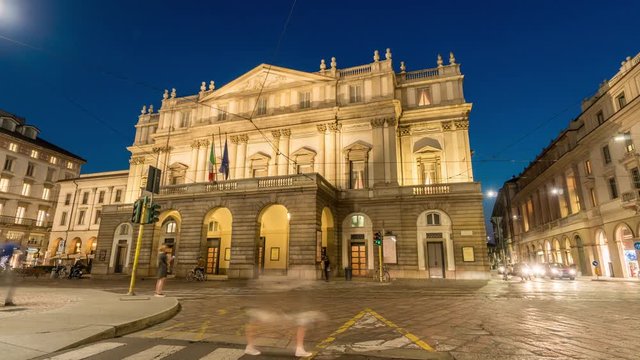 La Scala Theater (opera house) in Milan, Italy. Night view.