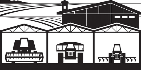 Farm yard with agricultural machinery - vector illustration