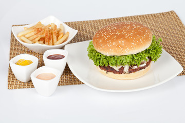 Tasty burger with fries