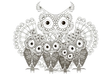 Zentangle stylized black and white four owls, hand drawn family stock vector illustration