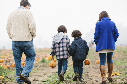 Rear view of sons carrying pumpkins while walking with parents on pumpkin patch during winter