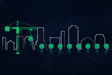 Obraz premium tower crane putting trees in front of city skyline