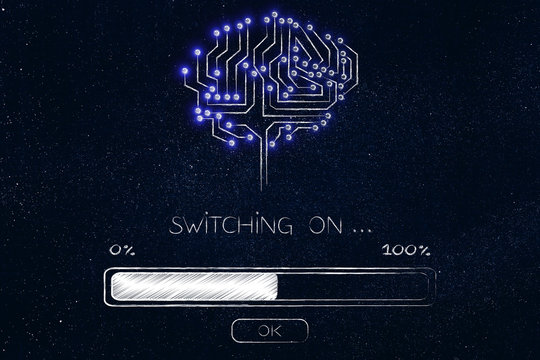 brain made of electronic circuits with progress bar loading and text Switching on