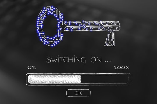 key made of electronic circuits with progress bar loading and text Switching on