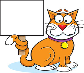 Cartoon illustration of a cat holding a sign.