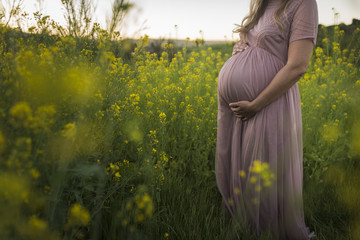 Midsection of pregnant woman touching stomach while standing on field