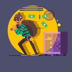 Burglar thief in mask on the big opened safe full of gold coins, cash, money. Vector illustration