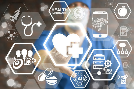 Doctor presses heart plus button on virtual screen. Innovative Medical Technologies. Innovation information technology integration in health care. Modern medicine hospital.