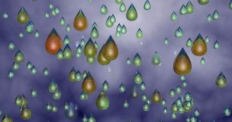 Many water drops falling against cloudy sky. 3d rendering