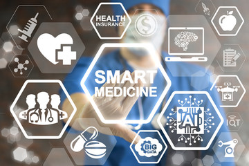 Smart Medicine Concept. Innovative Technologies in healthcare. Health care innovation information technology integration. Doctor touched icon SMART MEDICINE text on virtual screen. Data, IOT, AI.