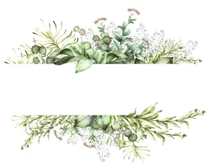 Fotobehang Kaart, aquarel uitnodiging ontwerp met kruiden en bladeren. Handgeschilderde bloemen achtergrond. Sjabloon. groen kader. natuur tekenen © lisima