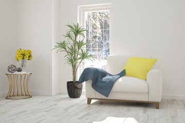 White room with armchair and winter landscape in window. Scandinavian interior design. 3D illustration
