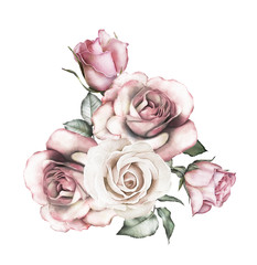 watercolor flowers. floral illustration - pink rose. branch of flowers isolated on white background. Leaf and buds. Cute composition for wedding or  greeting card