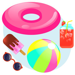 Summer set with rubber ring, ice cream, ice juice, ball, sunglasses