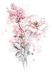 watercolor flowers. floral illustration, flower in Pastel colors, pink rose. branch of flowers isolated on white background. Leaf and buds. Cute composition for wedding or  greeting card