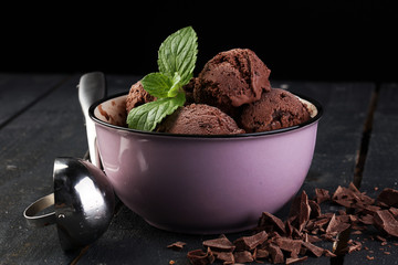 Chocolate coffee ice cream ball in a bowl