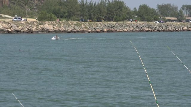 Dolphin comes out of water,  fishermen,  jetski,  Laguna